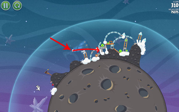 Launching the first bird may cause a little trouble, because you'll need to be very precise - Level 2-13 - Cold Cuts - Angry Birds Space - Game Guide and Walkthrough