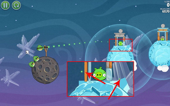 Launch the first bird so that the dots go through the spots indicated on the close-up - below the middle of the plank and on the ski jump on the other side (also, roughly through the pig's left brow) - Level 2-19 - Cold Cuts - Angry Birds Space - Game Guide and Walkthrough