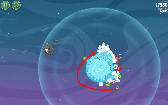 Your goal is to get the bird to make almost a full circle around the planet and kill the last piglet, while releasing the remaining planks to get rid of the rest of them - Level 2-20 - Cold Cuts - Angry Birds Space - Game Guide and Walkthrough