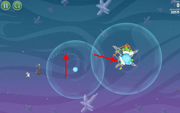 Adjust the first bird's flight path a little above the indicated edge of the pattern in the background - Level 2-23 - Cold Cuts - Angry Birds Space - Game Guide and Walkthrough