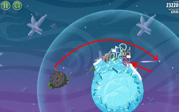 The second bird has to be launched much higher - the upper part of the structure should have been destroyed at least a little in the previous strike, making the second launch much easier - Level 2-21 - Cold Cuts - Angry Birds Space - Game Guide and Walkthrough