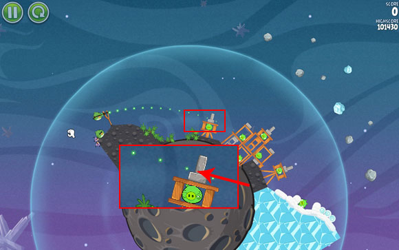 Launch the first bird at the indicated vertical block (right above the horizontal one) - Level 2-26 - Cold Cuts - Angry Birds Space - Game Guide and Walkthrough