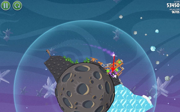 Launch another bird without much aiming, so that you could easily change its course towards the indicated planks - destroying the main structure and exterminating the remaining pigs - Level 2-26 - Cold Cuts - Angry Birds Space - Game Guide and Walkthrough