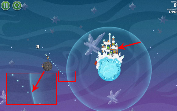 Adjust the first bird's flight path a little below the point where the gravity field and the pattern in the background meet (zoom-out as much as possible) - Level 2-28 - Cold Cuts - Angry Birds Space - Game Guide and Walkthrough