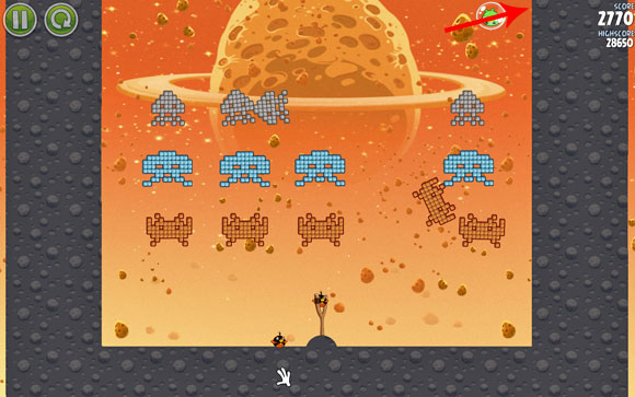 When it explodes, the trajectory of the pig's flight should slightly change - it should head towards the side wall, where, upon hitting, it will be killed - Level E-1 - Eggsteroids - Angry Birds Space - Game Guide and Walkthrough