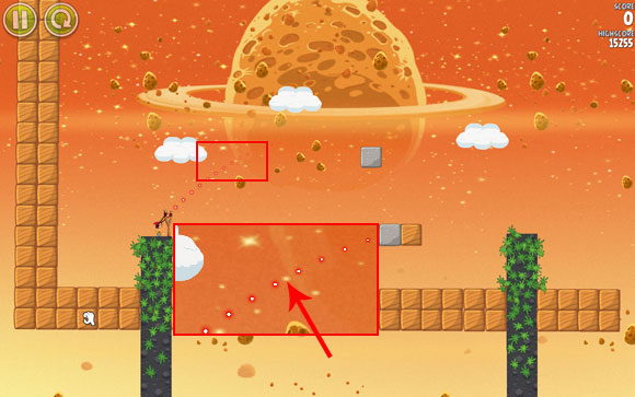 Zoom out and adjust the flight path to go through the spot indicated on the close-up - Level E-2 - Eggsteroids - Angry Birds Space - Game Guide and Walkthrough