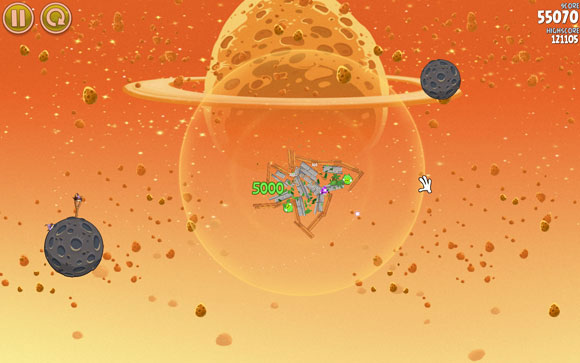 Once the bird breaks inside, after a while everything will be sucked up in the center, resulting in the destruction of almost everything around - Level E-5 - Eggsteroids - Angry Birds Space - Game Guide and Walkthrough