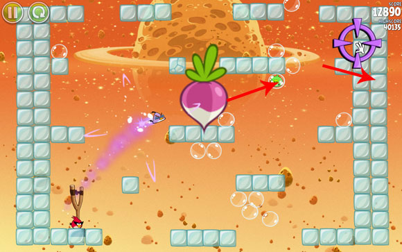 After a while a huge radish appears - launch the bird and as soon as it levels with the pig, change its course, aiming as high as possible, so that it could destroy seven additional blocks - Level E-4 - Eggsteroids - Angry Birds Space - Game Guide and Walkthrough
