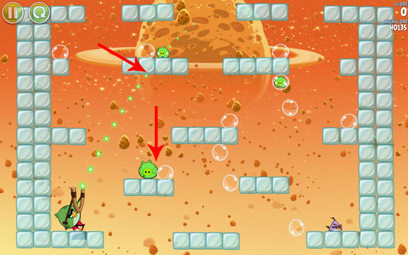Launch the first bird roughly at the middle of the indicated block - it will destroy three other blocks and the pig with them - Level E-4 - Eggsteroids - Angry Birds Space - Game Guide and Walkthrough
