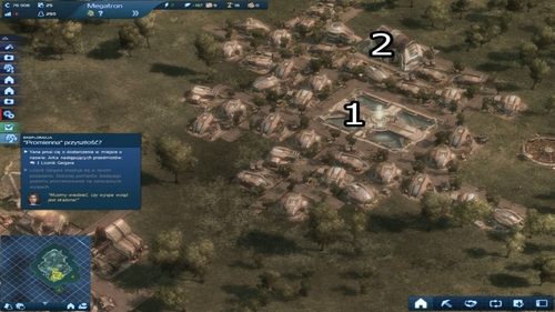 Build an Eco City Center (1) and a Concert Hall (2) among the Residence ruins - Mission One - On Hostile Terrain - Chapter Three: In the Eye of the Storm - Anno 2070 - Game Guide and Walkthrough