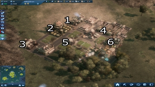 To this purpose, build three Pump Cranes (1), an Oil Refinery (2), a Plastics Factory (3), two Meat Factories (4), one Flavor Lab (5), and a Food Supply Factory (6) respectively - Mission Two - Challenge - Chapter Three: In the Eye of the Storm - Anno 2070 - Game Guide and Walkthrough