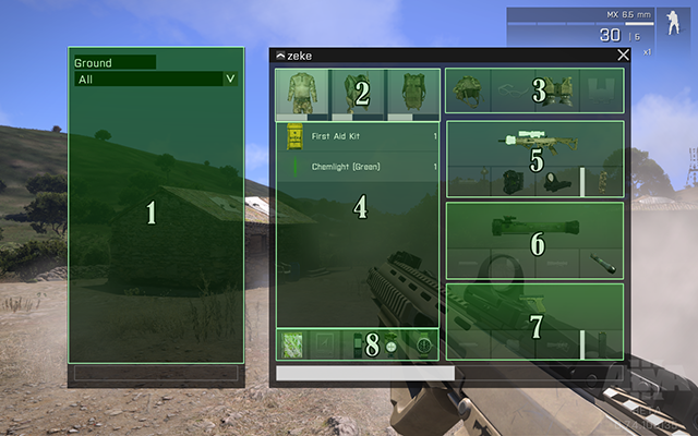 1: this part of the inventory shows what's on the ground, next to the player - Interface - Gameplay Basics - Arma III - Beta - Game Guide and Walkthrough