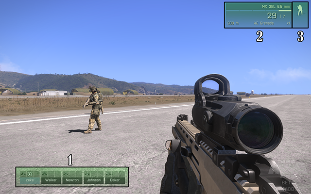 1: shows the names of the members in your team, as well as icons that indicate what vehicle your teammate is in - Interface - Gameplay Basics - Arma III - Beta - Game Guide and Walkthrough