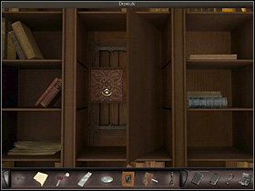 Now she approaches the bookshelf (on the right) and takes a closer look at the shelves in the center of the bookshelf (close up) - Marseilles, France, April 19, 2008 - Louis Carnots mansion - April 19, 2008 - Art of Murder: Hunt For The Puppeteer - Game Guide and Walkthrough