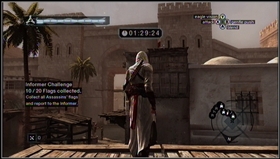 Take all the flags from the right side. Turn left and jump onto the building. There is a flag on the roof, and the next one on the scaffolding below. - MB04 - Abu'l Nuqoud of Damascus - Memory Block 04 - Assassins Creed (PC) - Game Guide and Walkthrough