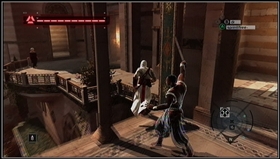 Avoiding the guard, jump on the balcony where you target awaits. - MB04 - Abu'l Nuqoud of Damascus - Memory Block 04 - Assassins Creed (PC) - Game Guide and Walkthrough
