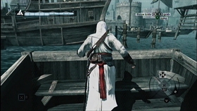Jump onto the boat where a drunkard is walking. Go forward towards the ship. - MB05 - Sibrand of Acre - Memory Block 05 - Assassins Creed (PC) - Game Guide and Walkthrough