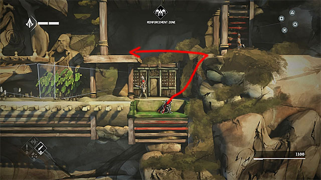 After climbing on the ledge with the guard quickly turn around and jump on the left platform - The Return - walkthrough for sequence 2 - Walkthrough - Assassins Creed Chronicles: China - Game Guide and Walkthrough