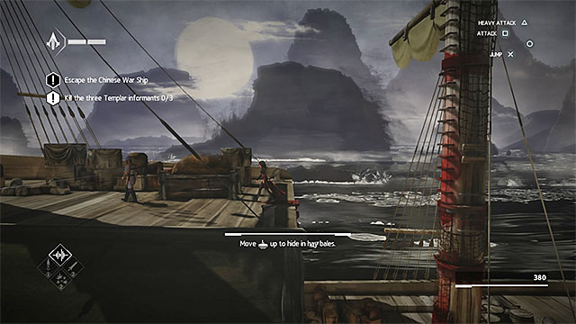 Bypass the single enemy to reach the second (left) mast with synchronization point - The Port - walkthrough for sequence 3 - Walkthrough - Assassins Creed Chronicles: China - Game Guide and Walkthrough