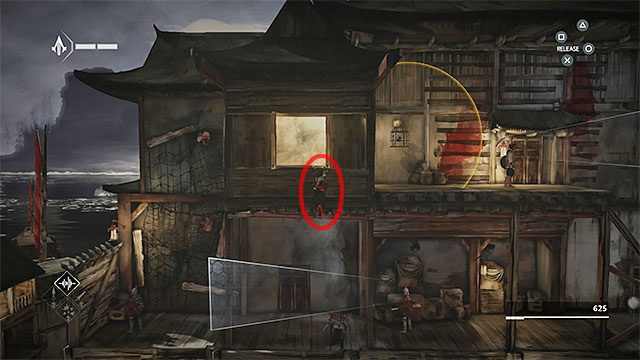 Now you must watch out for enemy with crossbow from the upper level which is consumed by checking the floor you currently are at - The Port - walkthrough for sequence 3 - Walkthrough - Assassins Creed Chronicles: China - Game Guide and Walkthrough