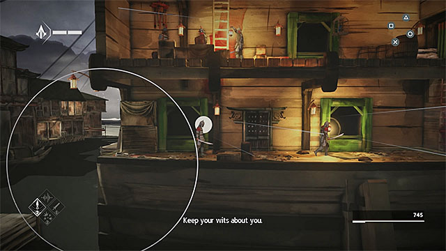 Use the noise dart to lure first guard (the one without lantern) to the left - The Port - walkthrough for sequence 3 - Walkthrough - Assassins Creed Chronicles: China - Game Guide and Walkthrough