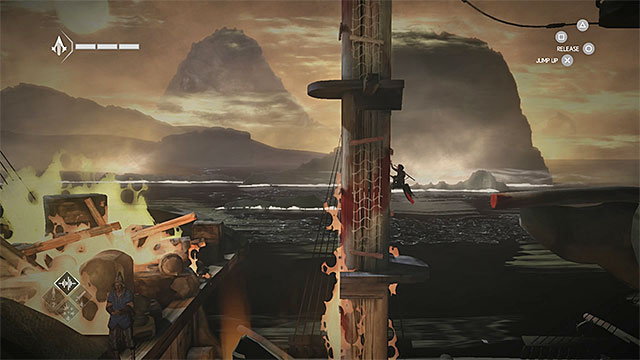 Use jump to accelerate the climbing on the burning mast - Consequences - walkthrough for sequence 5 - Walkthrough - Assassins Creed Chronicles: China - Game Guide and Walkthrough
