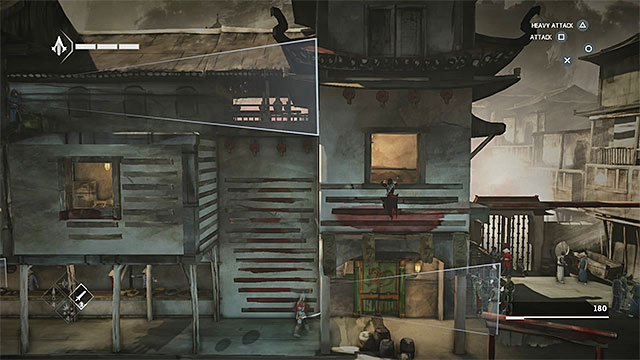 Climb to the window of the building on the right and walk through the beam that connects neighbor buildings - The Search - walkthrough for sequence 6 - Walkthrough - Assassins Creed Chronicles: China - Game Guide and Walkthrough
