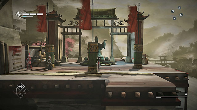 Sneak to the middle post and wait until enemies pass nearby - The Snake - walkthrough for sequence 7 - Walkthrough - Assassins Creed Chronicles: China - Game Guide and Walkthrough