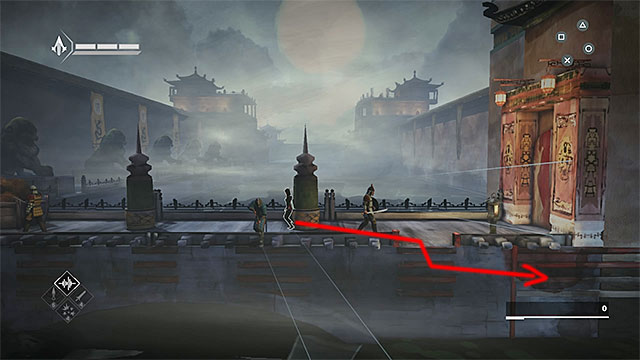 Hide behind columns and wait for opportunity to safely reach the edge at the water - Old Friend - walkthrough for sequence 9 - Walkthrough - Assassins Creed Chronicles: China - Game Guide and Walkthrough