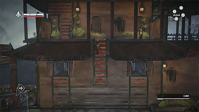 Use middle ladder after one of enemies will stop observing it - Old Friend - walkthrough for sequence 9 - Walkthrough - Assassins Creed Chronicles: China - Game Guide and Walkthrough