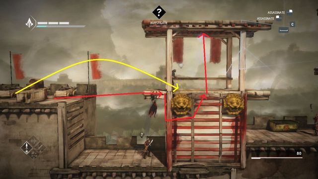Use noise dart or firecrackers on first guard and jump from the post to the tower - The Betrayal - walkthrough for sequence 11 - Walkthrough - Assassins Creed Chronicles: China - Game Guide and Walkthrough