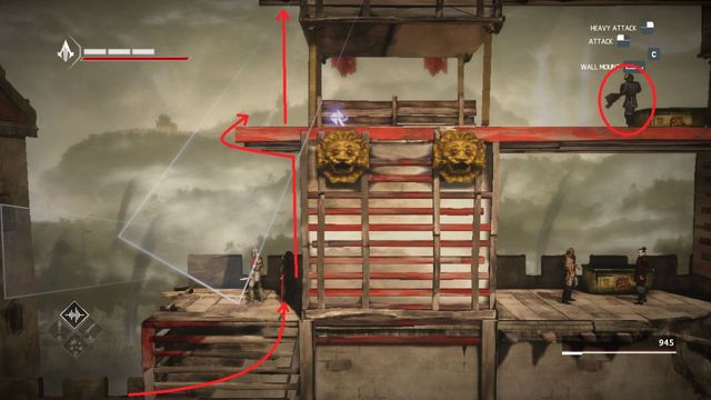 After leaving the watchtower climb on the wall ahead and get behind the guard - The Betrayal - walkthrough for sequence 11 - Walkthrough - Assassins Creed Chronicles: China - Game Guide and Walkthrough