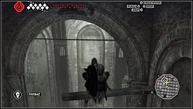 There, climb on a wooden platform [1] and then jump on the beam leading to the door - Forli - Ravaldinos Secret - Dungeons - Assassins Creed II - Game Guide and Walkthrough