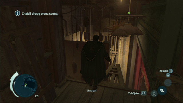 On the other side of the door, jump onto the element of the scenography and head further to the left - Sequence 1 - Deadly Performance - Walkthrough - Assassins Creed III - Game Guide and Walkthrough