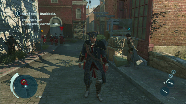 If one of the soldiers notices you, a yellow triangle will appear above his head, eventually changing to red - Sequence 2 - The Soldier - Walkthrough - Assassins Creed III - Game Guide and Walkthrough