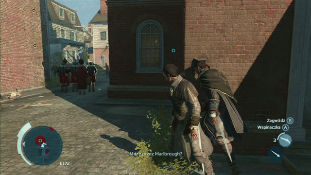 Follow the group while trying to keep distance and hide behind walls and between groups of people - Sequence 2 - The Soldier - Walkthrough - Assassins Creed III - Game Guide and Walkthrough