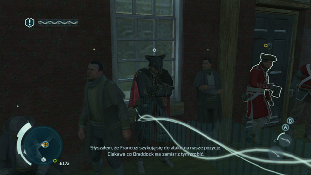 While spying on the men on the right, you should stand by the bar - Sequence 3 - Unconvinced - Walkthrough - Assassins Creed III - Game Guide and Walkthrough