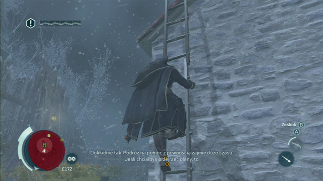 After they head onto the upper level, climb the nearby ladder and jump down from the roof into the haystack below - Sequence 3 - Execution is Everything - Walkthrough - Assassins Creed III - Game Guide and Walkthrough