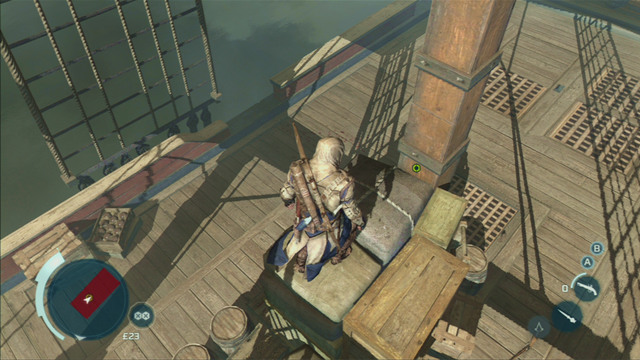 With both enemies dead, climb the pile of crate by the mast and kill the grenadier from there - Sequence 7 - Conflict Looms - Walkthrough - Assassins Creed III - Game Guide and Walkthrough