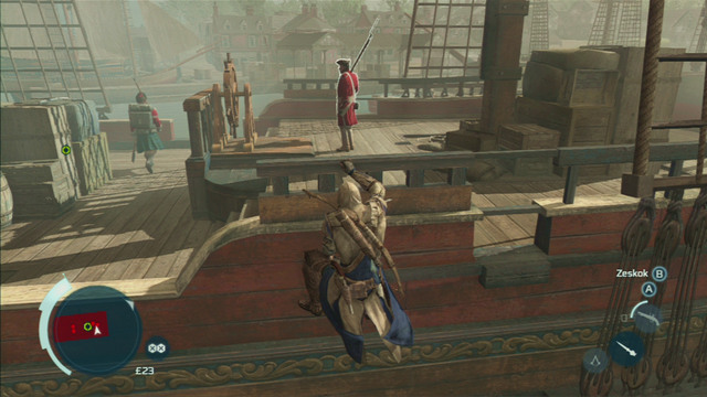 Instead, eliminate the enemy walking nearby the edge and the soldier standing by the end of the ship - Sequence 7 - Conflict Looms - Walkthrough - Assassins Creed III - Game Guide and Walkthrough