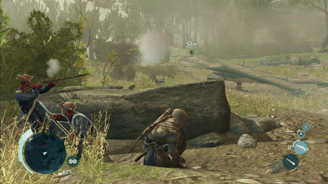 From behind the third rock you will have to run to the fall tree on the right - Sequence 7 - Battle of Bunker Hill - Walkthrough - Assassins Creed III - Game Guide and Walkthrough