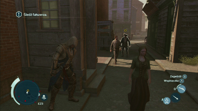 Follow them while hiding behind groups of people and edges of buildings - Sequence 8 - Something on the Side - Walkthrough - Assassins Creed III - Game Guide and Walkthrough