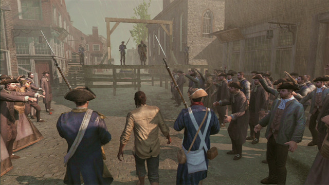 After the cutscene, head forward all the way to the gallows - Sequence 8 - Public Execution - Walkthrough - Assassins Creed III - Game Guide and Walkthrough