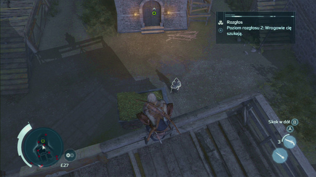 As you reach the last building, jump down to the hay pile below and kill the nearby enemy - Sequence 11 - Lees Last Stand - Walkthrough - Assassins Creed III - Game Guide and Walkthrough