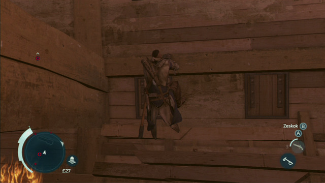 From there you have to run onto the wall on the right and afterwards jump left - Sequence 12 - Chasing Lee - Walkthrough - Assassins Creed III - Game Guide and Walkthrough