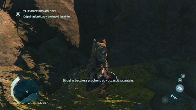 The man will plant explosives by the cave and you will have to shoot them with the pistol - Achilles - Homestead - Assassins Creed III - Game Guide and Walkthrough