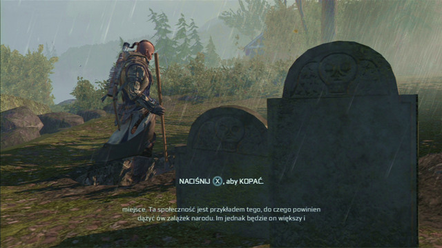 The mission will end when you dig a grave for your mentor with the attack button, while listening to what he wrote in his letter - Achilles - Homestead - Assassins Creed III - Game Guide and Walkthrough