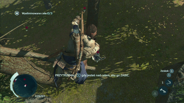 Kill the second enemy using the same method, but this time lean the analog stick towards yourself and Connor will jump down to the ground, hanging the enemy on the branch - Myriam - Homestead - Assassins Creed III - Game Guide and Walkthrough