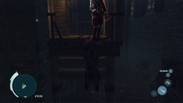 The third enemy is directly above you, walking along a small wooden platform - Naval mission - Fort Wolcott - Captain Kidd's treasure - Assassins Creed III - Game Guide and Walkthrough