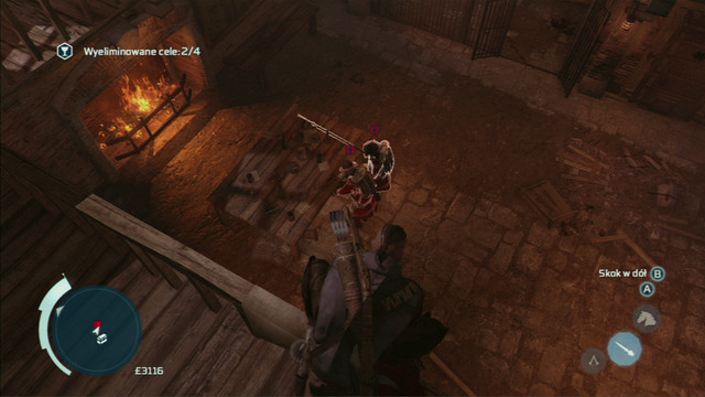 To eliminate the two enemies below, equip the hidden blade, jump onto the balustrade and aim so that both enemies are lit - Naval mission - Fort Wolcott - Captain Kidd's treasure - Assassins Creed III - Game Guide and Walkthrough